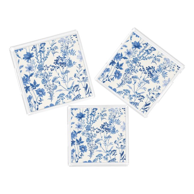 Blue Floral Chinoiserie Set of 3 Square Trays (Set)