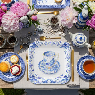 Blue Floral Chinoiserie Teacup WIllow pagoda Paper Plates
