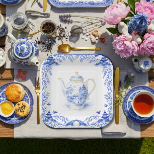 Blue Floral Chinoiserie Teapot WIllow pagoda Paper Plates