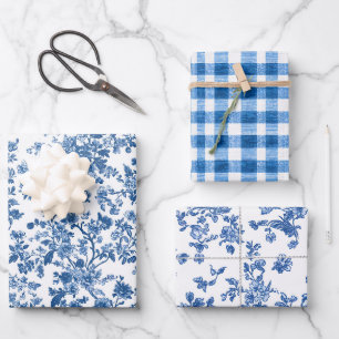 Blue Floral Chinoiserie Toile Gingham Wrapping Paper Sheets