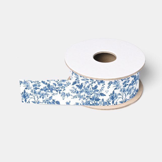 Blue Floral Chinoiserie Toile Grosgrain Ribbon (Spool)