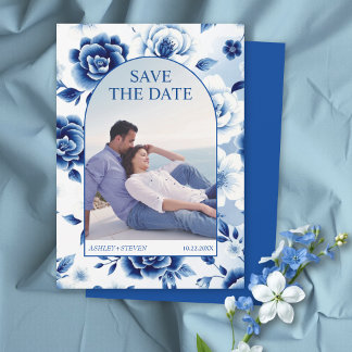 Blue floral Chinoiserie, watercolor wash photo Save The Date