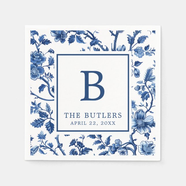 Blue Floral Chinoiserie Wedding Cocktail Napkins (Front)