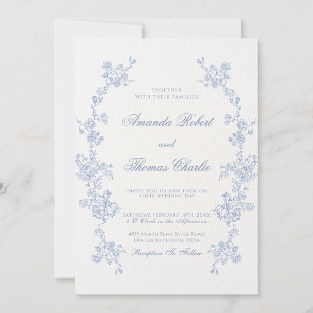 Blue Floral Chinoiserie Wedding  Invitation (Front)