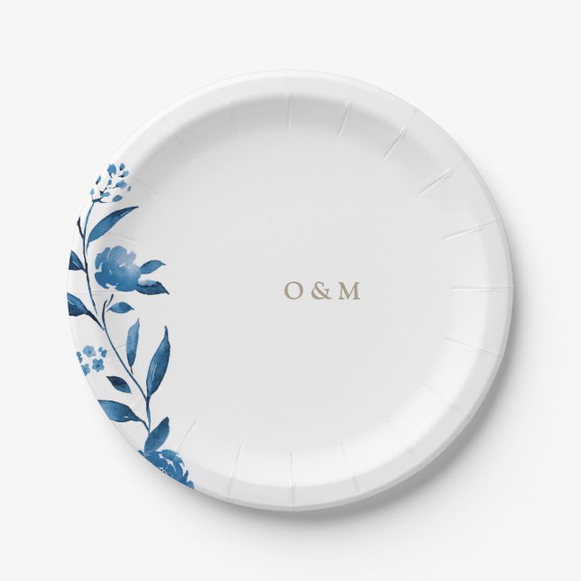 Blue floral Chinoiserie Wedding monogram Paper Plates (Front)
