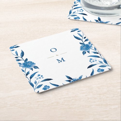 Blue floral Chinoiserie Wedding monogram Square Paper Coaster