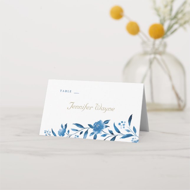 Blue floral Chinoiserie Wedding place cards (Front)