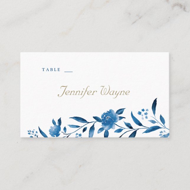 Blue floral Chinoiserie Wedding place cards (Front)