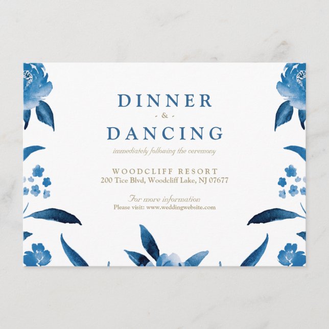 Blue floral Chinoiserie Wedding reception Enclosure Card (Front)