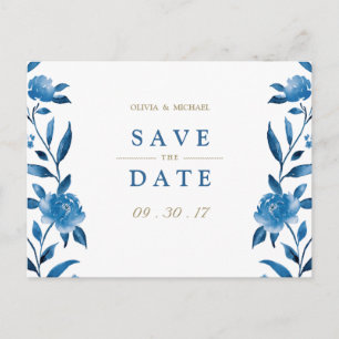 Blue floral Chinoiserie Wedding save the date Announcement Postcard