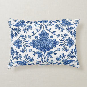 Blue Floral Chinoiserie White Watercolor Accent Pillow
