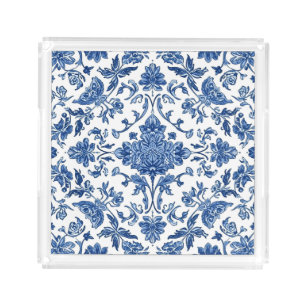 Blue Floral Chinoiserie White Watercolor Acrylic Tray
