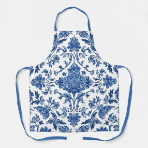 Blue Floral Chinoiserie White Watercolor Apron