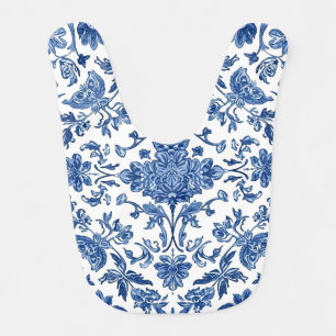 Blue Floral Chinoiserie White Watercolor Baby Bib