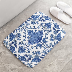 Blue Floral Chinoiserie White Watercolor Bath Mat