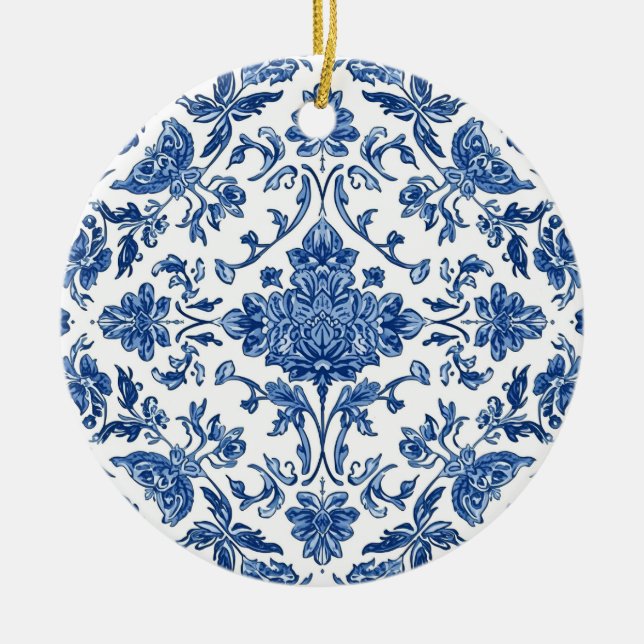 Blue Floral Chinoiserie White Watercolor Ceramic Ornament (Front)