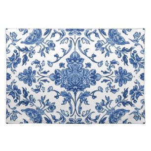 Blue Floral Chinoiserie White Watercolor Cloth Placemat