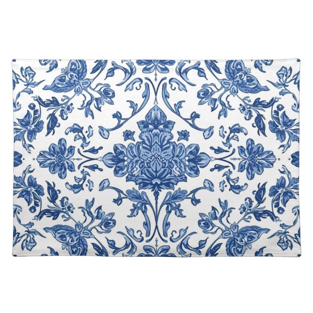 Blue Floral Chinoiserie White Watercolor Cloth Placemat (Front)