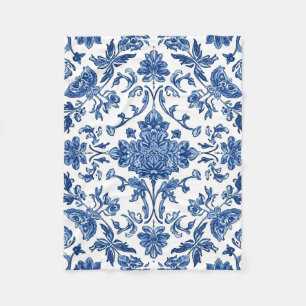 Blue Floral Chinoiserie White Watercolor Fleece Blanket