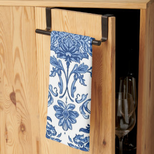 Blue Floral Chinoiserie White Watercolor Kitchen Towel