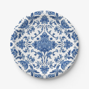 Blue Floral Chinoiserie White Watercolor Paper Plates