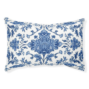 Blue Floral Chinoiserie White Watercolor Pet Bed