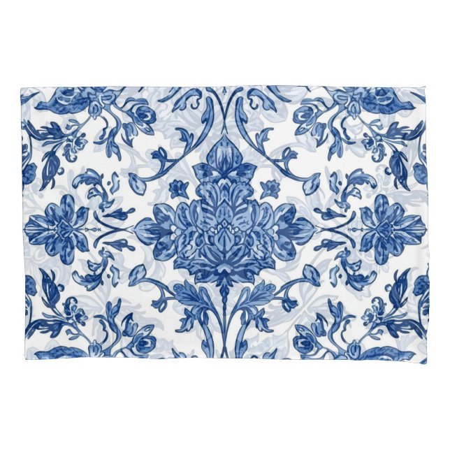 Blue Floral Chinoiserie White Watercolor Pillow Case (Front)
