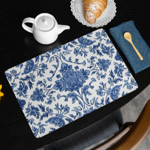 Blue Floral Chinoiserie White Watercolor Placemat