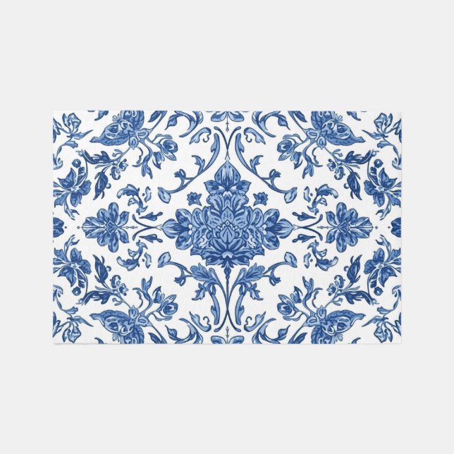 Blue Floral Chinoiserie White Watercolor Rug (Front)
