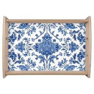 Blue Floral Chinoiserie White Watercolor Serving Tray
