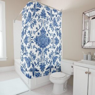 Blue Floral Chinoiserie White Watercolor Shower Curtain