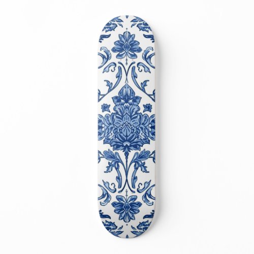 Blue Floral Chinoiserie White Watercolor Skateboard
