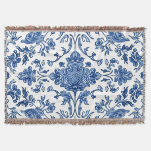 Blue Floral Chinoiserie White Watercolor Throw Blanket