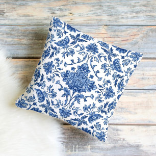 Blue Floral Chinoiserie White Watercolor Throw Pillow