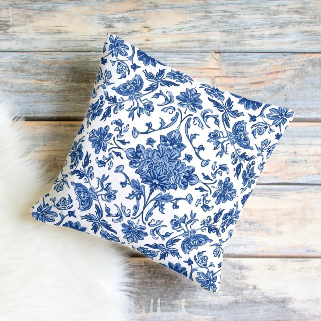 Blue Floral Chinoiserie White Watercolor Throw Pillow (Creator Uploaded)