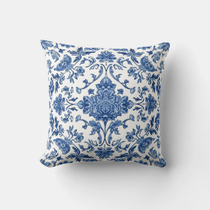 Blue Floral Chinoiserie White Watercolor Throw Pillow