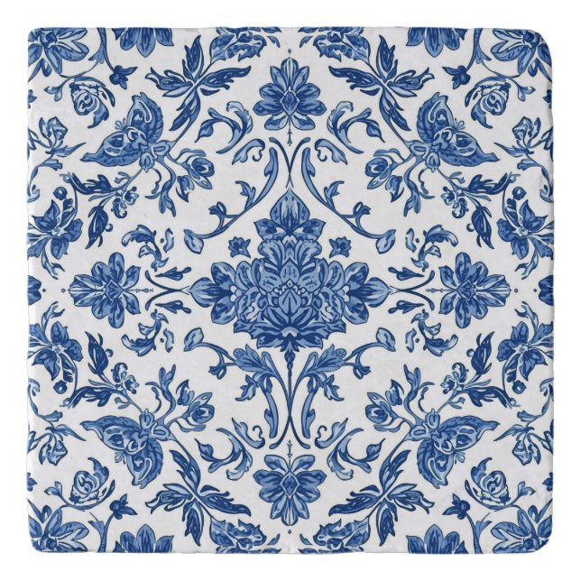 Blue Floral Chinoiserie White Watercolor Trivet (Front)