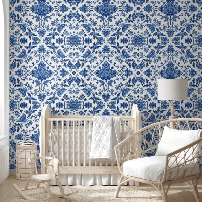 Blue Floral Chinoiserie White Watercolor Wallpaper (Kids)