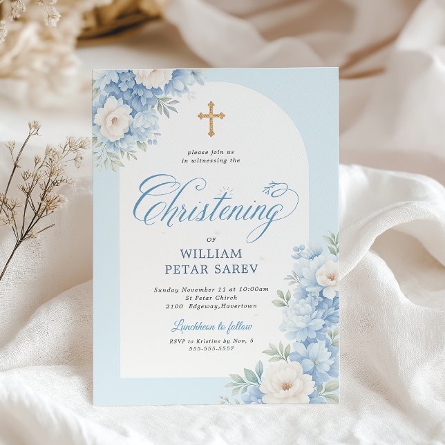 Blue Floral Christening Invitation with Gold Cross (Elegant blue floral christening invitation with a cross.)