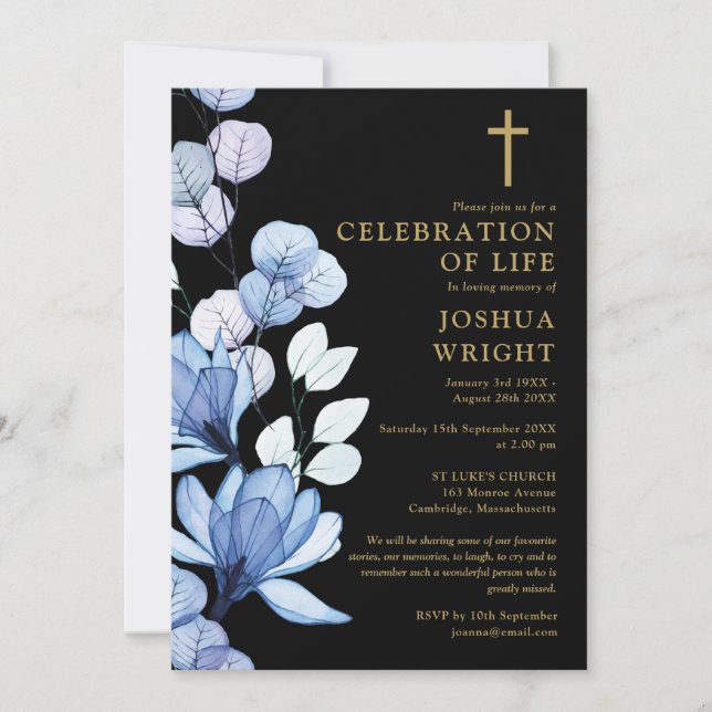 Blue Floral Christian Celebration Of Life Funeral Invitation (Front)