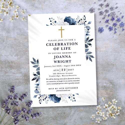 Blue Floral Christian Celebration Of Life Funeral Invitation