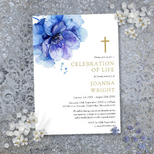 Blue Floral Christian Celebration Of Life Funeral Invitation