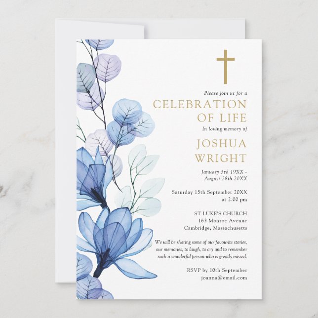 Blue Floral Christian Celebration Of Life Funeral Invitation (Front)