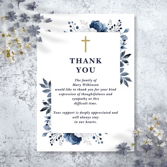 Blue Floral Christian Celebration Of Life Funeral Thank You Card (Blue Floral Christian Celebration Of Life Funeral Thank You Card)