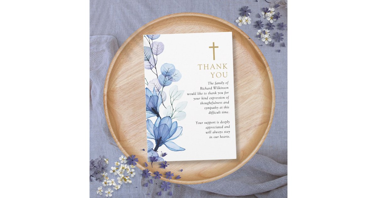 Blue Floral Christian Celebration Of Life Funeral Thank You Card | Zazzle