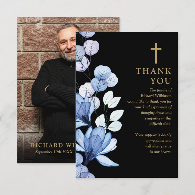 Blue Floral Christian Celebration Of Life Photo Thank You Card (Front/Back)