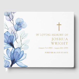 Blue Floral Christian In Loving Memory Funeral Guest Book