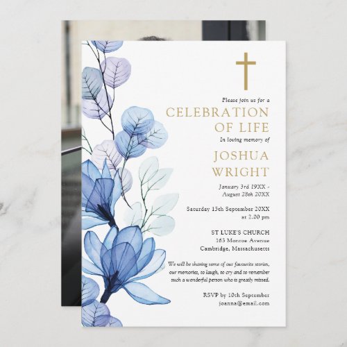 Blue Floral Christian Memorial Funeral Photo Invitation