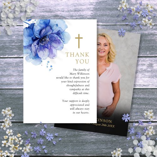 Blue Floral Christian Memorial Funeral Photo Thank You Card