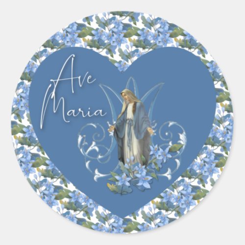 Blue Floral Christian Virgin Mary Ave Maria Classic Round Sticker